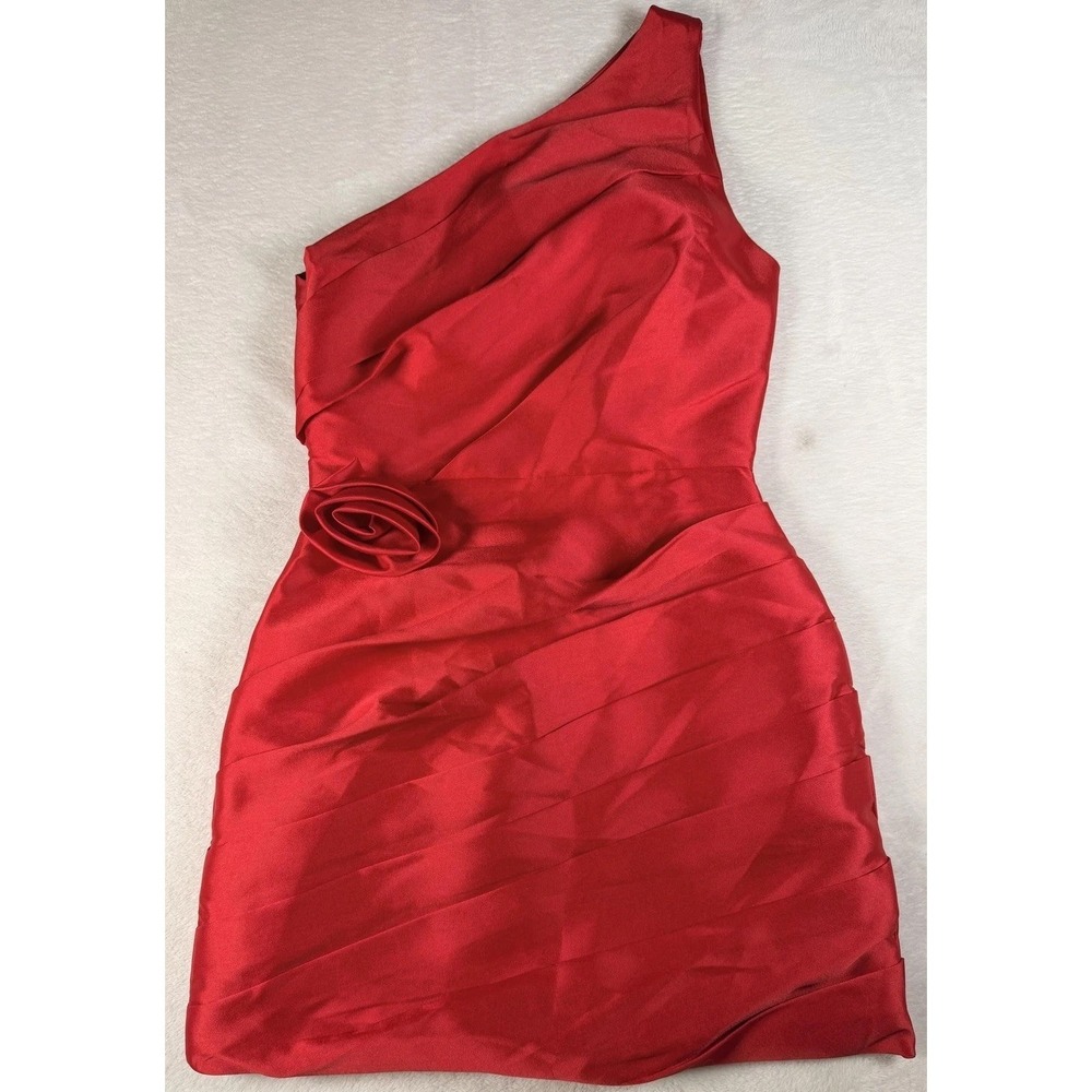 Showpo Dress Womens 2 Red Satin One Shoulder Rose Mini Bodycon‎ Party Cocktail